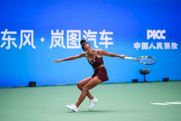 WUHAN, CHINA - OCTOBER 07: Leylah Fernandez of Canada returns a shot in the Women s Singles Round of 64 match against Naomi Osaka of Japan on day 4 of 2025 Wuhan Open at Optics Valley International Tennis Center on October 7, 2025 in Wuhan, Hubei Province of China.  Copyright: xVCGx 111595619478