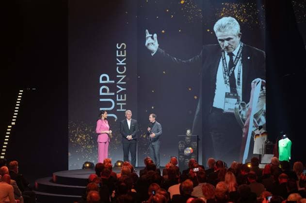 Award winner Jupp HEYNCKES is honored in absentia, from left presenter Esther SEDLACZEK, Bastian SCHWEINSTEIGER and Philipp LAHM, HALL OF FAME Award Ceremony 2025 on 06 10 2025 at the German Football Museum in Dortmund Germany Â