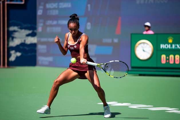 WUHAN, CHINA - OCTOBER 07: Leylah Fernandez of Canada returns a shot in the Women s Singles Round of 64 match against Naomi Osaka of Japan on day 4 of 2025 Wuhan Open at Optics Valley International Tennis Center on October 7, 2025 in Wuhan, Hubei Province of China.  Copyright: xVCGx 111595619636