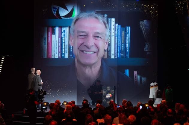 Juergen KLINSMANN speaks a greeting via video link, tribute to Bert TRAUMANN Posthumous HALL OF FAME Award Ceremony 2025 on 06 10 2025 at the German Football Museum in Dortmund Germany Â