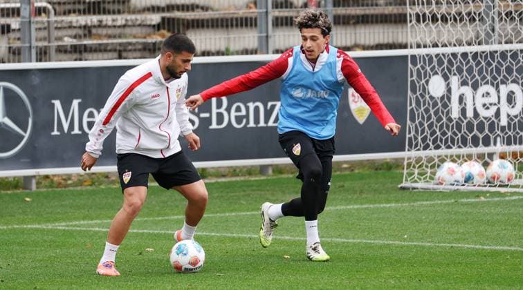 BAU 07 10 2025 Stuttgart soccer VfB Stuttgart training, f l Deniz Undav, Amen Al Dakhil