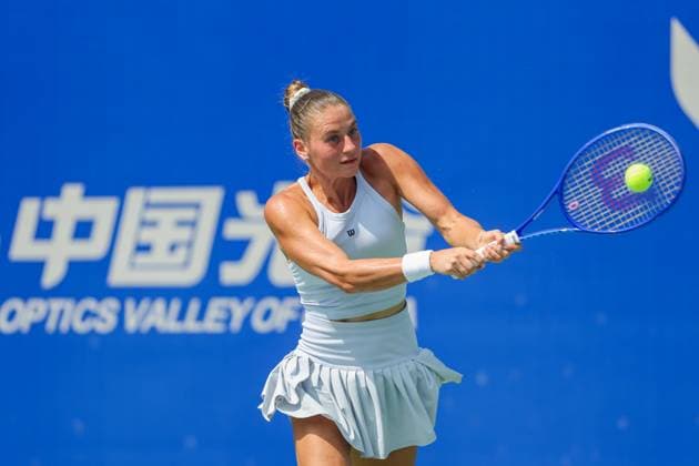 WUHAN, CHINA - OCTOBER 07: Marta Kostyuk of Ukraine returns a shot in the Women s Singles Round of 64 match against Karolina Muchova of Czech Republic on day 4 of 2025 Wuhan Open at Optics Valley International Tennis Center on October 7, 2025 in Wuhan, Hubei Province of China.  Copyright: xVCGx 111595665754