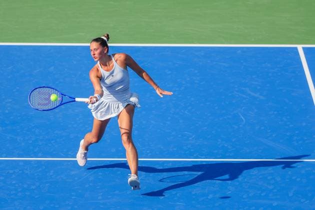 WUHAN, CHINA - OCTOBER 07: Marta Kostyuk of Ukraine returns a shot in the Women s Singles Round of 64 match against Karolina Muchova of Czech Republic on day 4 of 2025 Wuhan Open at Optics Valley International Tennis Center on October 7, 2025 in Wuhan, Hubei Province of China.  Copyright: xVCGx 111595665798