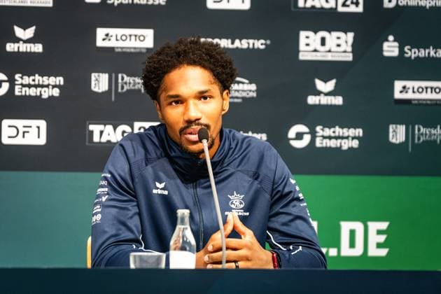 Monarchs Wide Receiver Tyler Hudson speaks at Erima GFL Bowl press conference, PK, Pressekonferenz Erima GFL Bowl 2025, press conference, Potsdam Royals vs Dresden Monarchs Copyright: xFootxBowl PatrickxKlixx