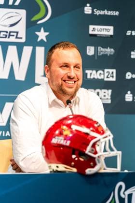 Erima GFL Bowl 2025, press conference, PK, Pressekonferenz Potsdam Royals vs Dresden Monarchs Copyright: xFootxBowl PatrickxKlixx