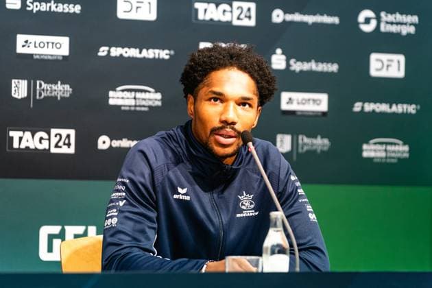Monarchs Wide Receiver Tyler Hudson speaks at Erima GFL Bowl press conference, PK, Pressekonferenz Erima GFL Bowl 2025, press conference, Potsdam Royals vs Dresden Monarchs Copyright: xFootxBowl PatrickxKlixx
