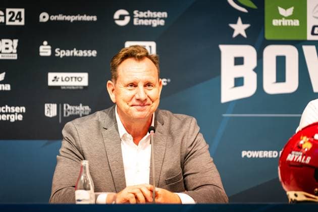 Jens-Uwe Müller, president Potsdam Royals speaks at Erima GFL Bowl press conference, PK, Pressekonferenz Erima GFL Bowl 2025, press conference, Potsdam Royals vs Dresden Monarchs Copyright: xFootxBowl PatrickxKlixx