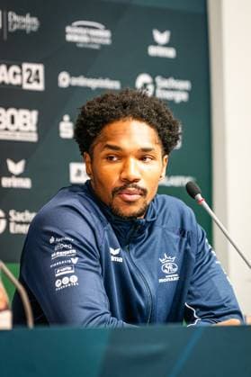 Monarchs Wide Receiver Tyler Hudson speaks at Erima GFL Bowl press conference, PK, Pressekonferenz Erima GFL Bowl 2025, press conference, Potsdam Royals vs Dresden Monarchs Copyright: xFootxBowl PatrickxKlixx