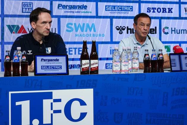Managing Director Sport Otmar Schork 1 FC Magdeburg and Head of Media and Communication Press Spokesman Manuel Holscher 1 FC Magdeburg 2 Soccer Bundesliga Season 2025 2026 Press conference with the Managing Director Sport Otmar Schork 1 FC Magdeburg from 1 FC Magdeburg in the Avnet Arena in Magdeburg Soccer,Man,Men,Germany,07 10 2025