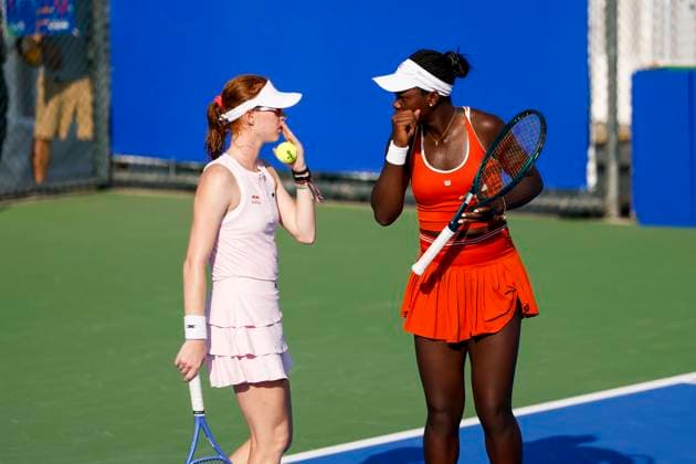 WUHAN, CHINA - OCTOBER 07: Maya Joint of Australia and Victoria Mboko of Canada react in the Women s Doubles Round of 32 match against Tereza Mihalikova of Slovakia and Olivia Nicholls of Great Britain on day 4 of 2025 Wuhan Open at Optics Valley International Tennis Center on October 7, 2025 in Wuhan, Hubei Province of China.  Copyright: xVCGx 111595689198