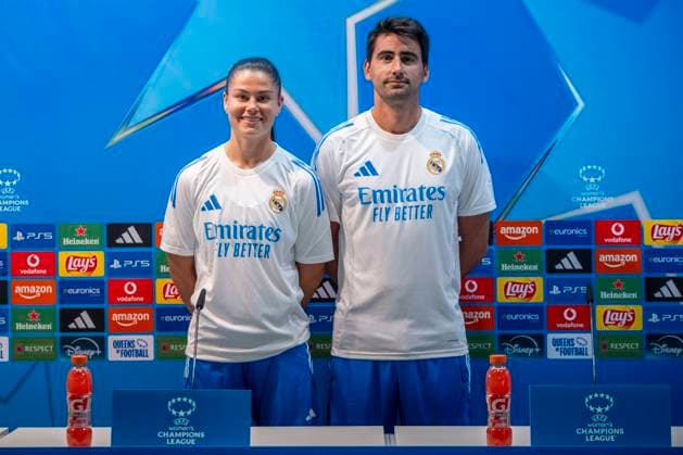 October 7, 2025, Madrid, Madrid, Spain: October 7, 2025, Valdebebas, Madrid, Spain: press conference, PK, Pressekonferenz prior to the Women s Champions League match REAL MADRID FEMENINO - ASSOCIAZIONE SPORTIVA ROMA, Real Madrid player MARIA MENDEZ FERNANDEZ and coach PAU MARC QUESADA. Madrid Spain - ZUMAc312 20251007_zsp_c312_002 Copyright: xOscarxManuelxSanchezx