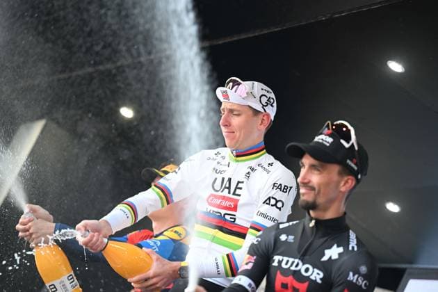 07-10-2025 Tre Valli Varesine; 2025, Uae Team Emirates - Xrg; 2025, Lidl - Trek; 2025, Tudor; Pogacar, Tadej; Philipsen, Albert Withen; Alaphilippe, Julian; Varese; 