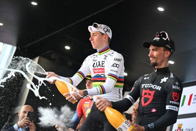 07-10-2025 Tre Valli Varesine; 2025, Uae Team Emirates - Xrg; 2025, Lidl - Trek; 2025, Tudor; Pogacar, Tadej; Philipsen, Albert Withen; Alaphilippe, Julian; Varese; 