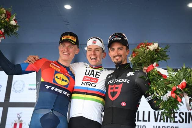 07-10-2025 Tre Valli Varesine; 2025, Uae Team Emirates - Xrg; 2025, Lidl - Trek; 2025, Tudor; Pogacar, Tadej; Philipsen, Albert Withen; Alaphilippe, Julian; Varese; 