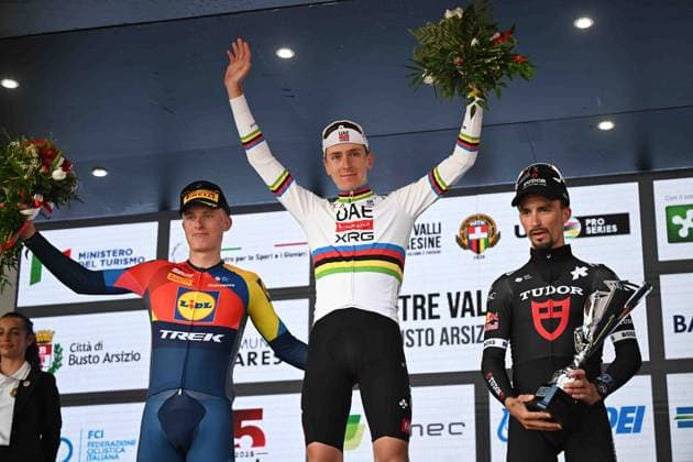 07-10-2025 Tre Valli Varesine; 2025, Uae Team Emirates - Xrg; 2025, Lidl - Trek; 2025, Tudor; Pogacar, Tadej; Philipsen, Albert Withen; Alaphilippe, Julian; Varese; 