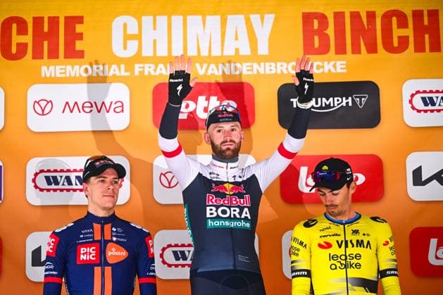 Binche Chimay Binche 2025 Cycling Race BINCHE, BELGIUM - OCTOBER 07 : Meeus Jordi (BEL) of Red Bull BORA - Hansgrohe, Eekhoff Nils Out (NED) of Team Picnic PostNL and Laporte Christophe (BEL) of Team Visma - Lease a Bike on the podium during the 37th edition of Binche Chimay Binche an UCI Class 1.1 one day cycling road race for Men Elite of 203.2 km with start in Binche and finish in Binche on October 7, 2025 in Binche, Belgium, 07 10 2025 ( Motordriver Stephan Boone - Binche Belgium  Copyright: xGvgx