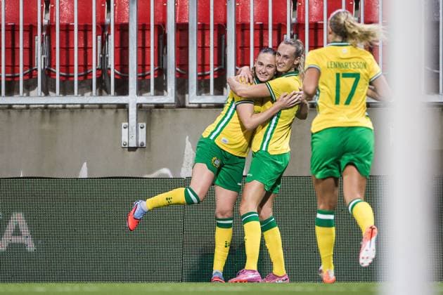 251007 Vilde Hasund of Hammarby celebrates with Ellen Wangerheim after 1 0 during the UEFA Women s Europa Cup football match between Hammarby and Brann on October 7, 2025 in Stockholm Photo Kenta Jönsson BILDBYRAN COP 210 KJ0277 fotboll football soccer fotball uefa womens europa cup hammarby brann women dam bbeng jubel  Copyright: KENTAxJÖNSSON BB251007KJ048