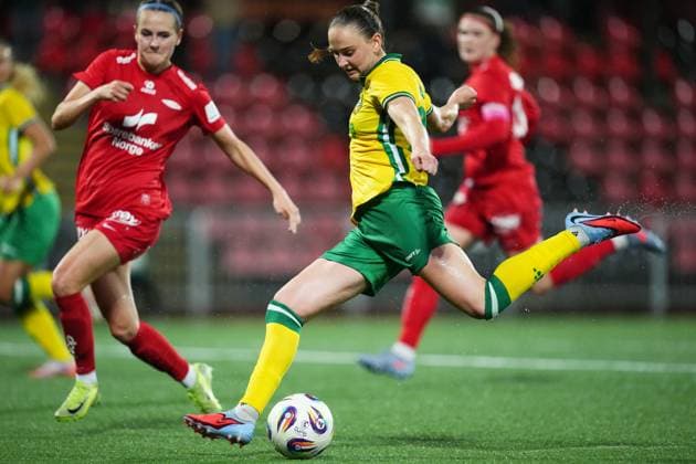 STOCKHOLM, SWEDEN 20251007 Hammarbys Vilde Hasund and Branns Ingrid Stenevik during Tuesday s second qualifying round for the European Cup, match 1 in the best of 2, between Hammarby IF and SK Brann at Grimsta IP STOCKHOLM SWEDEN x11288x  Copyright: xPontusxOrre TTx EUROPEAN CUP QUALIFICATIONS HAMMARBY-BRANN
