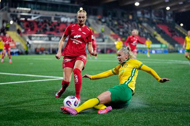 STOCKHOLM, SWEDEN 20251007 Branns Mia Authen and Hammarbys Anna Josendal during Tuesdays second qualifying round for the Europa Cup, match 1 in the best of 2, between Hammarby IF and SK Brann at Grimsta IP STOCKHOLM SWEDEN x11288x  Copyright: xPontusxOrre TTx KVAL EUROPA CUP HAMMARBY-BRANN