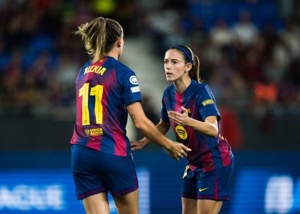 Spain-Football-Women s Champions League FC Barcelona, Barca v Bayern Munich in Barcelona, Spain. Barcelona, Spain, 7, October, 2025. FC Barcelona player (11) Alexia Putellas and (14) Aitana Bonmati during Women™s Champions League match between FC Barcelona and Bayern Munich in Johan Cruyff Stadium, Barcelona, Spain, on October 7, 2025. Barcelona Johan Cruyff Stadium Barcelona Spain