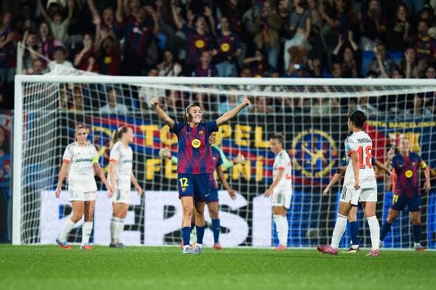 Spain-Football-Women s Champions League FC Barcelona, Barca v Bayern Munich in Barcelona, Spain. Barcelona, Spain, 7, October, 2025. FC Barcelona player (12) Patri Guijarro celebrates the score of (24) Esmee Brugts during Women™s Champions League match between FC Barcelona and Bayern Munich in Johan Cruyff Stadium, Barcelona, Spain, on October 7, 2025. Barcelona Johan Cruyff Stadium Barcelona Spain