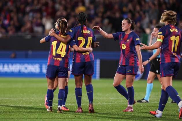 October 7, 2025, Sant Joan Despi, Barcelona, Spain: Esmee Brugts of FC Barcelona, Barca celebrates a goal during the UEFA WomenÃ¢â‚¬â ¢s Champions League 2025 26 League Phase MD1, football match played between FC Barcelona and FC Bayern Munchen at Johan Cruyff Stadium on October 07, 2025 in Sant Joan Despi, Spain. Sant Joan Despi Spain - ZUMAa181 20251007_zaa_a181_071 Copyright: xJavierxBorregox