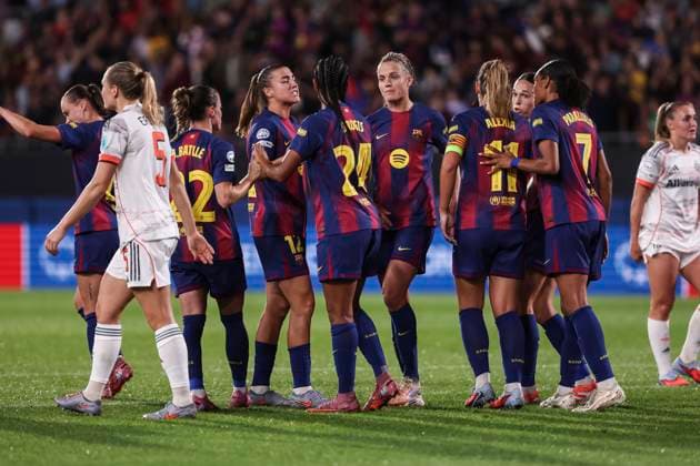 October 7, 2025, Sant Joan Despi, Barcelona, Spain: Esmee Brugts of FC Barcelona, Barca celebrates a goal with teammates during the UEFA WomenÃ¢â‚¬â ¢s Champions League 2025 26 League Phase MD1, football match played between FC Barcelona and FC Bayern Munchen at Johan Cruyff Stadium on October 07, 2025 in Sant Joan Despi, Spain. Sant Joan Despi Spain - ZUMAa181 20251007_zaa_a181_079 Copyright: xJavierxBorregox