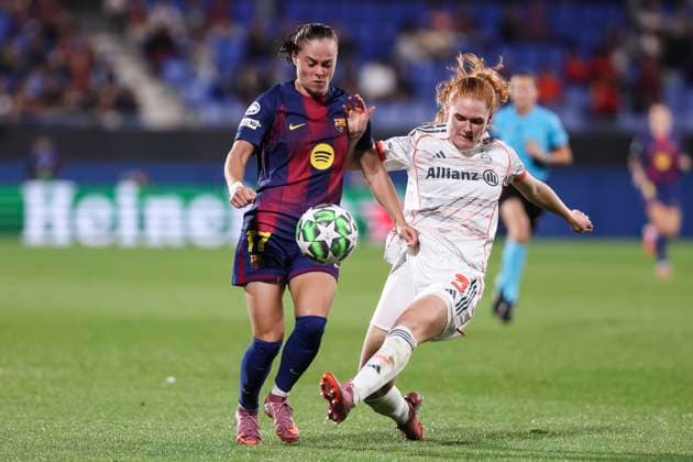 October 7, 2025, Sant Joan Despi, Barcelona, Spain: Ewa Barbara Pajor of FC Barcelona, Barca and Stine Pedersen of FC Bayern Munchen compete for the ball during the UEFA WomenÃ¢â‚¬â ¢s Champions League 2025 26 League Phase MD1, football match played between FC Barcelona and FC Bayern Munchen at Johan Cruyff Stadium on October 07, 2025 in Sant Joan Despi, Spain. Sant Joan Despi Spain - ZUMAa181 20251007_zaa_a181_112 Copyright: xJavierxBorregox