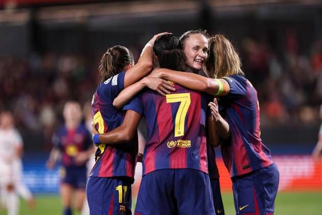 October 7, 2025, Sant Joan Despi, Barcelona, Spain: Salma Celeste Paralluelo Ayingono of FC Barcelona, Barca celebrates a goal with teammates during the UEFA WomenÃ¢â‚¬â ¢s Champions League 2025 26 League Phase MD1, football match played between FC Barcelona and FC Bayern Munchen at Johan Cruyff Stadium on October 07, 2025 in Sant Joan Despi, Spain. Sant Joan Despi Spain - ZUMAa181 20251007_zaa_a181_104 Copyright: xJavierxBorregox
