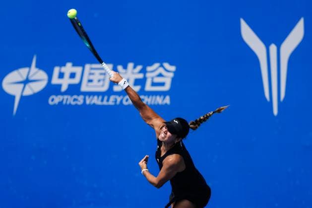 WUHAN, CHINA - OCTOBER 08: Jessica Bouzas Maneiro of Spain returns a shot in the Women s Singles Round of 32 match against Iva Jovic of the United States on day 5 of 2025 Wuhan Open at Optics Valley International Tennis Center on October 8, 2025 in Wuhan, Hubei Province of China.  Copyright: xVCGx 111595844900