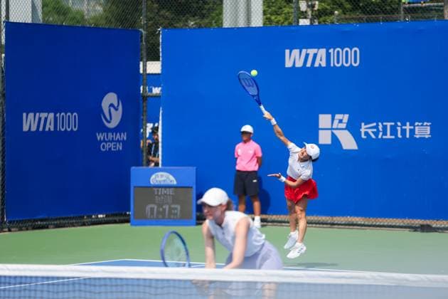 WUHAN, CHINA - OCTOBER 08: Shuko Aoyama of Japan and Cristina Bucsa of Spain return a shot in the Women s Doubles Round of 16 match against Anna Danilina of Kazakhstan and Aleksandra Krunic of Serbia on day 5 of 2025 Wuhan Open at Optics Valley International Tennis Center on October 8, 2025 in Wuhan, Hubei Province of China.  Copyright: xVCGx 111595847800