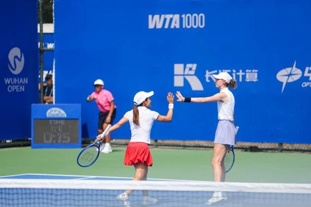WUHAN, CHINA - OCTOBER 08: Shuko Aoyama of Japan and Cristina Bucsa of Spain react in the Women s Doubles Round of 16 match against Anna Danilina of Kazakhstan and Aleksandra Krunic of Serbia on day 5 of 2025 Wuhan Open at Optics Valley International Tennis Center on October 8, 2025 in Wuhan, Hubei Province of China.  Copyright: xVCGx 111595847801
