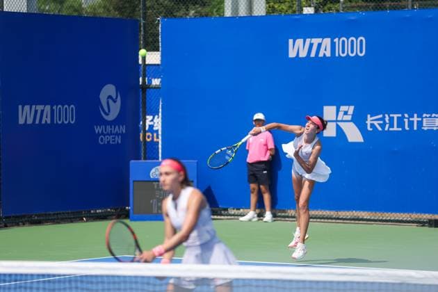 WUHAN, CHINA - OCTOBER 08: Anna Danilina of Kazakhstan and Aleksandra Krunic of Serbia return a shot in the Women s Doubles Round of 16 match against Shuko Aoyama of Japan and Cristina Bucsa of Spain on day 5 of 2025 Wuhan Open at Optics Valley International Tennis Center on October 8, 2025 in Wuhan, Hubei Province of China.  Copyright: xVCGx 111595847804