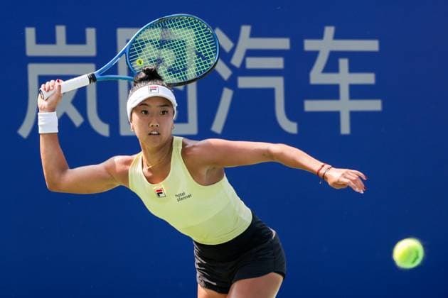 WUHAN, CHINA - OCTOBER 08: Ann Li of United States returns a shot in the Women s Singles Round of 32 match against Ekaterina Alexandrova on day 5 of 2025 Wuhan Open at Optics Valley International Tennis Center on October 8, 2025 in Wuhan, Hubei Province of China.  Copyright: xVCGx 111595850787