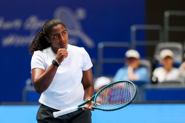 WUHAN, CHINA - OCTOBER 08: Hailey Baptiste of United States reacts in the Women s Singles Round of 32 match against Jessica Pegula of United States on day 5 of 2025 Wuhan Open at Optics Valley International Tennis Center on October 8, 2025 in Wuhan, Hubei Province of China.  Copyright: xVCGx 111595855398