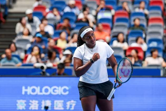 WUHAN, CHINA - OCTOBER 08: Hailey Baptiste of United States reacts in the Women s Singles Round of 32 match against Jessica Pegula of United States on day 5 of 2025 Wuhan Open at Optics Valley International Tennis Center on October 8, 2025 in Wuhan, Hubei Province of China.  Copyright: xVCGx 111595855403