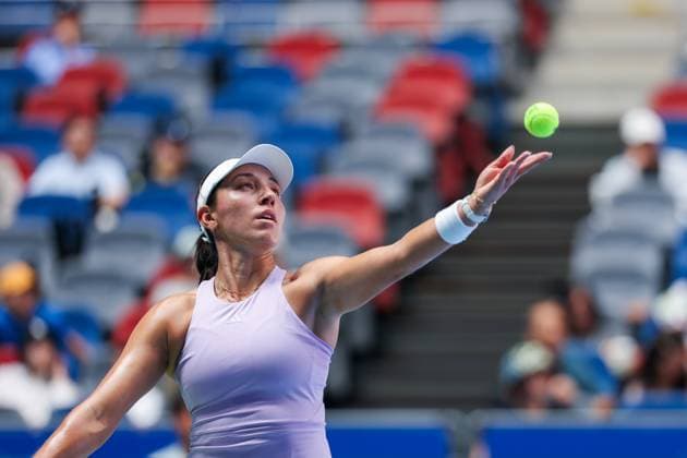 WUHAN, CHINA - OCTOBER 08: Jessica Pegula of United States returns a shot in the Women s Singles Round of 32 match against Hailey Baptiste of United States on day 5 of 2025 Wuhan Open at Optics Valley International Tennis Center on October 8, 2025 in Wuhan, Hubei Province of China.  Copyright: xVCGx 111595855387