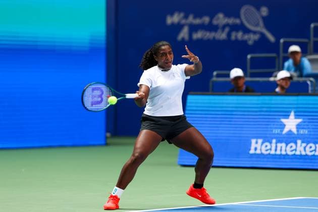WUHAN, CHINA - OCTOBER 08: Hailey Baptiste of United States returns a shot in the Women s Singles Round of 32 match against Jessica Pegula of United States on day 5 of 2025 Wuhan Open at Optics Valley International Tennis Center on October 8, 2025 in Wuhan, Hubei Province of China.  Copyright: xVCGx 111595855395
