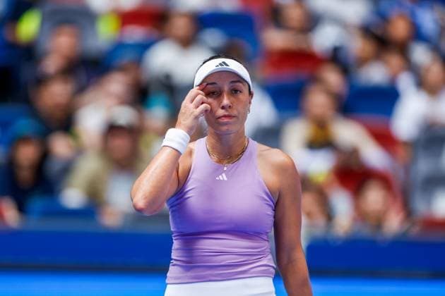 WUHAN, CHINA - OCTOBER 08: Jessica Pegula of United States reacts in the Women s Singles Round of 32 match against Hailey Baptiste of United States on day 5 of 2025 Wuhan Open at Optics Valley International Tennis Center on October 8, 2025 in Wuhan, Hubei Province of China.  Copyright: xVCGx 111595855370