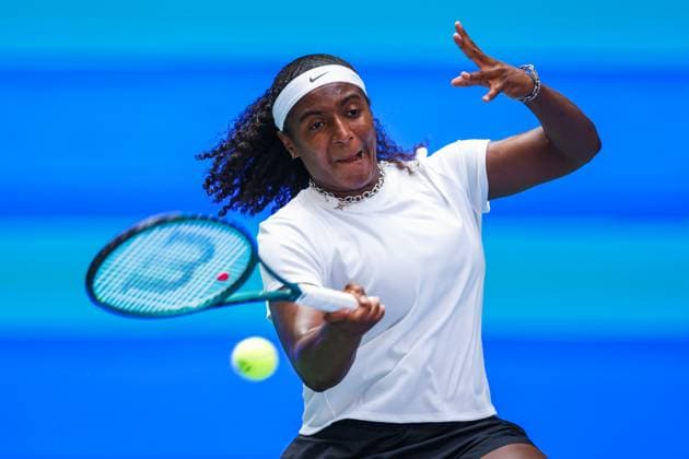 WUHAN, CHINA - OCTOBER 08: Hailey Baptiste of United States returns a shot in the Women s Singles Round of 32 match against Jessica Pegula of United States on day 5 of 2025 Wuhan Open at Optics Valley International Tennis Center on October 8, 2025 in Wuhan, Hubei Province of China.  Copyright: xVCGx 111595855366