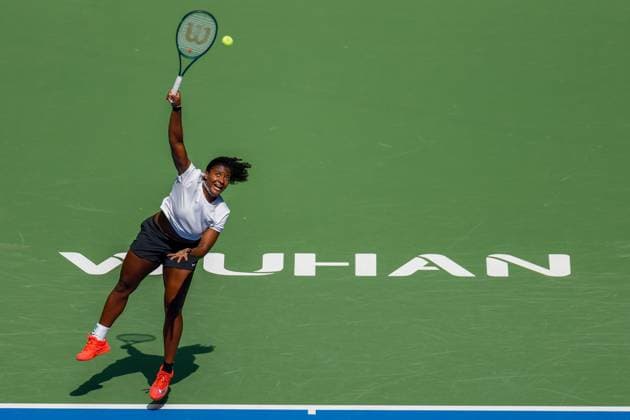 WUHAN, CHINA - OCTOBER 08: Hailey Baptiste of United States returns a shot in the Women s Singles Round of 32 match against Jessica Pegula of United States on day 5 of 2025 Wuhan Open at Optics Valley International Tennis Center on October 8, 2025 in Wuhan, Hubei Province of China.  Copyright: xVCGx 111595855324