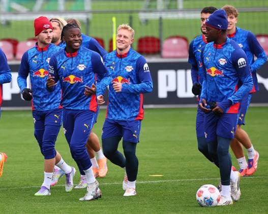 RB Leipzig Training Bundesliga Leipzig, 07 10 2025, RB Leipzig Training Center,Fußball Bundesliga , RB Leipzig Training , In the picture from l Timo Werner 36, RB Leipzig , Johan Bakayoko 9, RB Leipzig , Xaver Schlager 24, RB Leipzig and Castello Lukeba 23, RB Leipzig , Picture Point