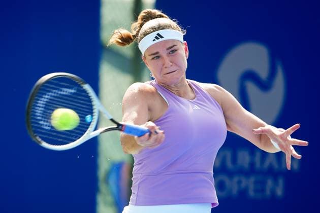 WUHAN, CHINA - OCTOBER 08: Karolina Muchova of the Czech Republic returns a shot in the Women s Singles Round of 32 match against Magdalena Frech of Poland on day 5 of 2025 Wuhan Open at Optics Valley International Tennis Center on October 8, 2025 in Wuhan, Hubei Province of China.  Copyright: xVCGx 111595864685
