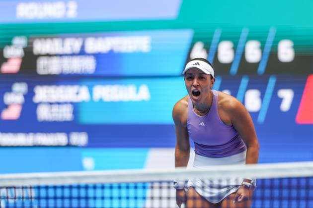 WUHAN, CHINA - OCTOBER 08: Jessica Pegula of United States reacts in the Women s Singles Round of 32 match against Hailey Baptiste of United States on day 5 of 2025 Wuhan Open at Optics Valley International Tennis Center on October 8, 2025 in Wuhan, Hubei Province of China.  Copyright: xVCGx 111595855441