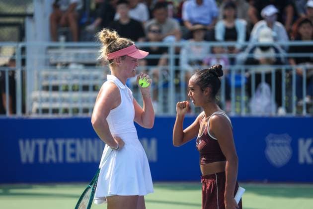 WUHAN, CHINA - OCTOBER 08: Leylah Fernandez of Canada and Erin Routliffe of New Zealand react in the Women s Doubles Round of 32 match against Aldila Sutjiadi of Indonesia and Irina Khromacheva on day 5 of 2025 Wuhan Open at Optics Valley International Tennis Center on October 8, 2025 in Wuhan, Hubei Province of China.  Copyright: xVCGx 111595852034