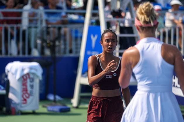 WUHAN, CHINA - OCTOBER 08: Leylah Fernandez of Canada and Erin Routliffe of New Zealand react in the Women s Doubles Round of 32 match against Aldila Sutjiadi of Indonesia and Irina Khromacheva on day 5 of 2025 Wuhan Open at Optics Valley International Tennis Center on October 8, 2025 in Wuhan, Hubei Province of China.  Copyright: xVCGx 111595852035