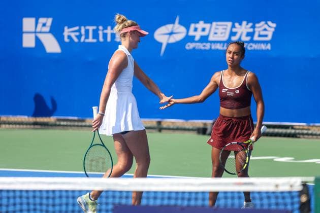 WUHAN, CHINA - OCTOBER 08: Leylah Fernandez of Canada and Erin Routliffe of New Zealand react in the Women s Doubles Round of 32 match against Aldila Sutjiadi of Indonesia and Irina Khromacheva on day 5 of 2025 Wuhan Open at Optics Valley International Tennis Center on October 8, 2025 in Wuhan, Hubei Province of China.  Copyright: xVCGx 111595852040