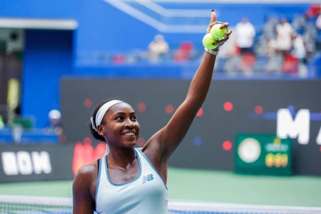 WUHAN, CHINA - OCTOBER 08: Coco Gauff of United States reacts in the Women s Singles Round of 32 match against Moyuka Uchijima of Japan on day 5 of 2025 Wuhan Open at Optics Valley International Tennis Center on October 8, 2025 in Wuhan, Hubei Province of China.  Copyright: xVCGx 111595888905
