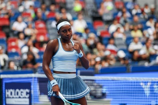 WUHAN, CHINA - OCTOBER 08: Coco Gauff of United States reacts in the Women s Singles Round of 32 match against Moyuka Uchijima of Japan on day 5 of 2025 Wuhan Open at Optics Valley International Tennis Center on October 8, 2025 in Wuhan, Hubei Province of China.  Copyright: xVCGx 111595888939