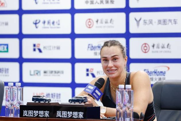 WUHAN, CHINA - OCTOBER 08: Aryna Sabalenka of Belarus attends a press conference, PK, Pressekonferenz on day 5 of 2025 Wuhan Open on October 8, 2025 in Wuhan, Hubei Province of China.  Copyright: xVCGx 111595896010
